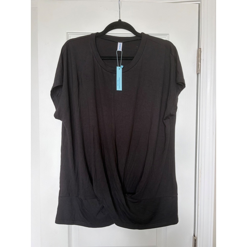 YSYOKOW Womens Black Twist Front Short Sleeve Crew Neck Rayon Blend Top XL